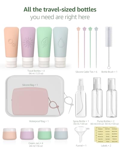23-Piece All-in-One Silicone Travel Bottles Set – TSA Approved Leakproof Toiletry Kit with Double Bags, Flat Easy-Squeeze Bottles with Tactile Icons, Cream Jars, Pump & Spray, Cleaning Brush - color: 23C-Green, size: 23