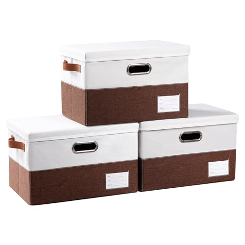 PRANDOM Foldable Storage Bins with Lids [3-Pack] Fabric Collapsible Storage Boxes Baskets Cubes Containers with Handles for Closet Living Room Bedroom (Brown & White 14.9x9.8x9.8'') - color: Brown & White, size: M(3-Pack)