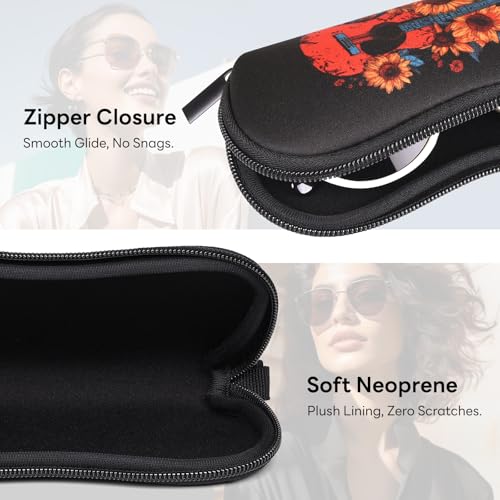 Sunglasses Case with Belt Clip, Ultra Light Neoprene Zipper Soft Padded Glasses Case for Women Men - color: Flower Guitar