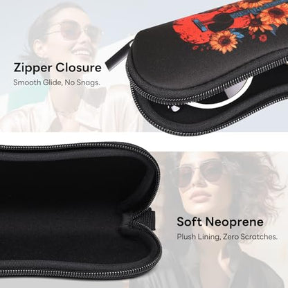 Sunglasses Case with Belt Clip, Ultra Light Neoprene Zipper Soft Padded Glasses Case for Women Men - color: Flower Guitar