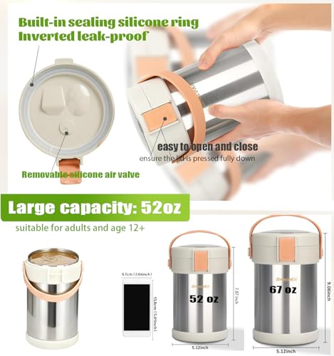 Audult Hot Food Thermo 52 oz Insulated Food Container,1.5L 2 Layer Stainless Steel Vacuum Thermal Lunch Box Soup Food Thermo, Stackable Hot Food Jar Bento Box for Men, Women - color: Stainless Steel (simple)