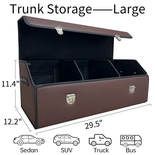 Car Trunk Organizer with Lid,Foldable Faux Leather Cargo Storage Box,3 Compartments,Collapsible Multi-Functional Organizer for SUV,Sedan and Vehicle Trunk - color: Brown, size: Large