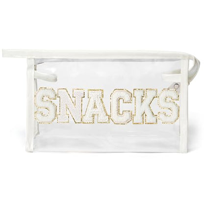 Y1tvei SNACKS Clear Makeup Bag - Preppy Patch White Chenille Varsity Letter Transparent PVC Large Cosmetic Pouch Portable Waterproof Travel Organizer Toiletry Compliant Carry Bag for Women Girl(White) - color: White SNACKS White
