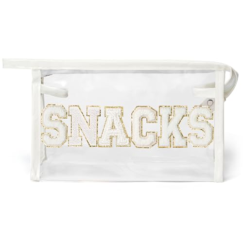 Y1tvei SNACKS Clear Makeup Bag - Preppy Patch White Chenille Varsity Letter Transparent PVC Large Cosmetic Pouch Portable Waterproof Travel Organizer Toiletry Compliant Carry Bag for Women Girl(White) - color: White SNACKS White