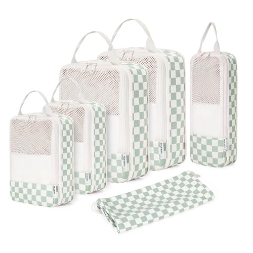 Narwey 6 Set Compression Packing Cubes for Travel Women Men, Travel Cubes for Carry On Suitcase, Durable Compression Luggage Organizer Bags - color: Z-Mint Green Checkerboard