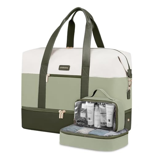 LOVEVOOK Weekender Bag for Women, Large Duffle Bag for Travel with 2 Packing Cubes, Carry on Overnight Bag with Shoe Compartment, Mom Hospital Bags for Labor and Delivery - color: Beige-Green-Green, size: 56L-3Pcs