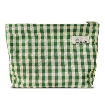HAPPYHEIDI Large Cute Green Checker Makeup Bag with Compartment Cosmetic Travel Pouch, Nylon Fabric, Purse Organizer, Canvas Lined, Beige Plaid - color: 001 SX427 Green Gingham Canvas