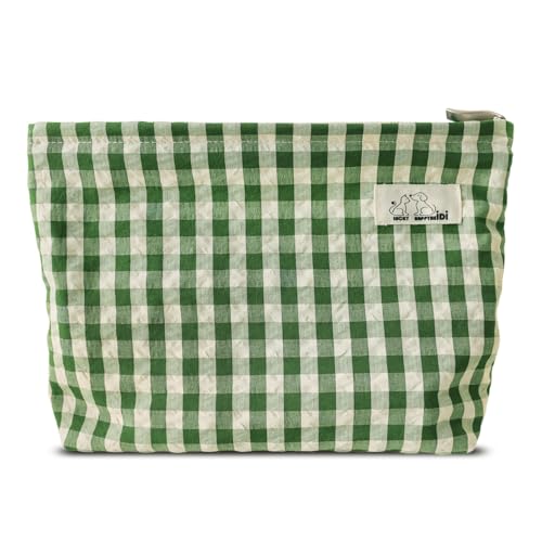 HAPPYHEIDI Large Cute Green Checker Makeup Bag with Compartment Cosmetic Travel Pouch, Nylon Fabric, Purse Organizer, Canvas Lined, Beige Plaid - color: 001 SX427 Green Gingham Canvas