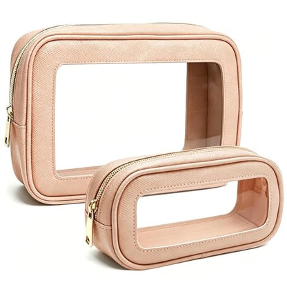 2Pcs Clear Makeup Bags Set - Portable Clear Cosmetic Bag Case Travel Makeup Brush Bag Waterproof Makeup Pouch TSA Approved Toiletry Bag Car Organizer Bag for Women (Dusty Pink Set) - color: Dusty Pink Set