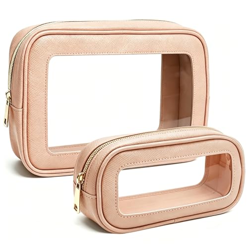 2Pcs Clear Makeup Bags Set - Portable Clear Cosmetic Bag Case Travel Makeup Brush Bag Waterproof Makeup Pouch TSA Approved Toiletry Bag Car Organizer Bag for Women (Dusty Pink Set) - color: Dusty Pink Set
