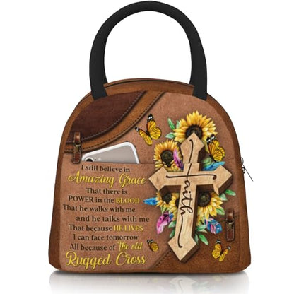 Christian Insulated Lunch Bag Bible Verses Lunch Box for Women Inspirational Spiritual Cross Sunflower Lunchbox Religious Reusable LunchTote Bag for Church Office Work Travel - color: Christian 1