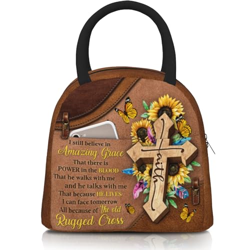 Christian Insulated Lunch Bag Bible Verses Lunch Box for Women Inspirational Spiritual Cross Sunflower Lunchbox Religious Reusable LunchTote Bag for Church Office Work Travel - color: Christian 1