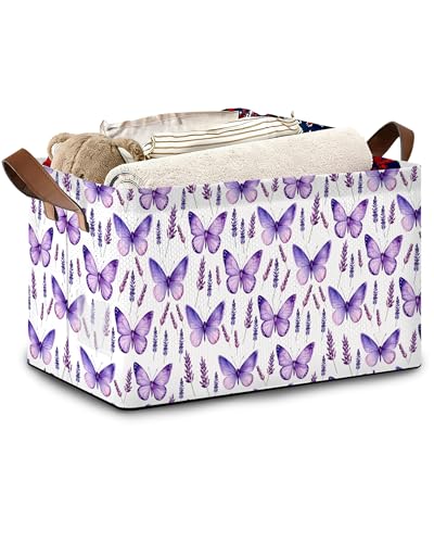 Lavender Storage Baskets,Purple Butterfly Foldable Organizer Bin with Handles for Home Living Room Bedroom Closet Box 17x11.5x10Inch - color: Lavender Purple Butterfly