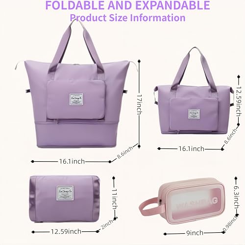 Large Capacity Foldable Travel Bag, Expandable lightweight Carry on Bag, Dry with Wet Separation Spor Duffel Bags (Purple+Toiletry Bag) - color: Purple+Toiletry Bag