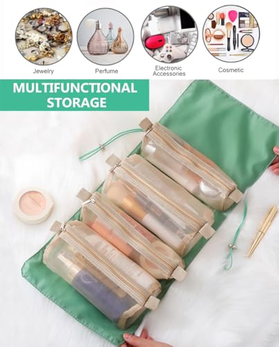 Roll Up Makeup Bag, Hanging Toiletry Bag, 4 in 1 Detachable Cosmetic Bag, 4 Removable Storage Bags, Travel Makeup Organizer Bags for Women Men(Green) - color: Green