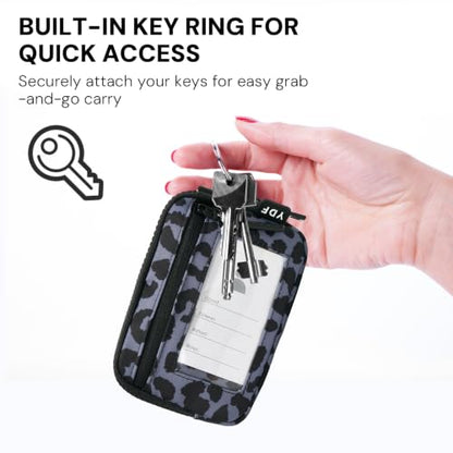 YDF Small Nylon Wristlet Wallet for Women, Minimalist Zip Keychain Coin Purse Card Case with Clear ID Window, Water-Resistant Pouch - color: Charcoal Leopard