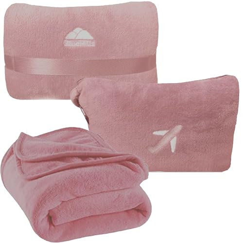 BlueHills Premium Soft Travel Blanket Pillow Compact Mini Airplane Blanket with Portable Pillowcase Long Flights - Dusty Rose Pink M02 - color: Pink-m02