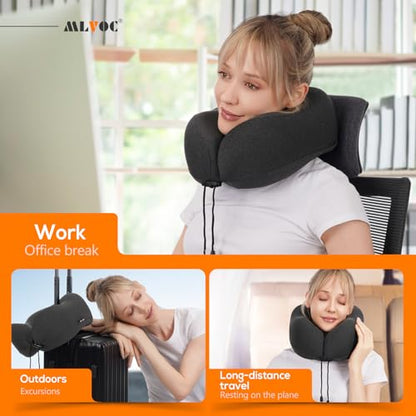 MLVOC Neck Pillow for Traveling, Upgraded 100% Pure Memory Foam Travel Neck Pillow for Airplane Flight Sleep, Breathable & Machine Washable Cover, Travel Kit with 3D Eye Mask, Earplugs & Bag, Black - color: Black