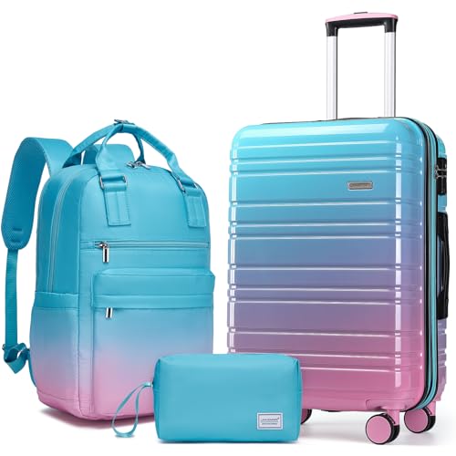 LARVENDER Carry on Luggage 22x14x9 Airline Approved Hardshell Suitcase with Wheels TSA Lock, PC+ABS Lightweight Suitcase Set for Women with Travel Backpack, Cotton Candy, 3 Piece Set - color: Cotton Candy-20BP, size: 3 Piece Set (Backpack/TB/20)