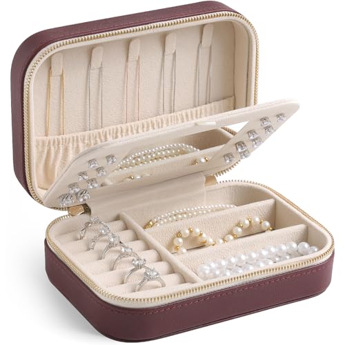 Genuine Leather Travel Jewelry Organizer Case with Mirror for Women, Small Mini Portable Jewelry Box for Ring Earrings Necklace Bracelet Luxury Gift for Women（Burgundy） - color: Nappa Leather Burgundy