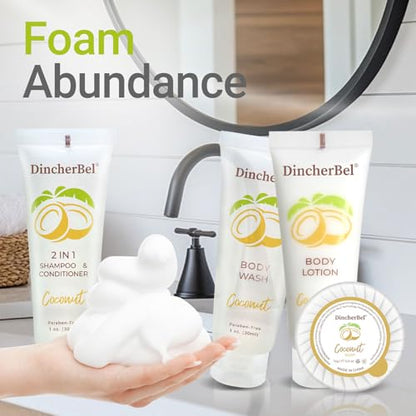 Hotel Amenities 200-Piece Travel Kit: Soap, Shampoo & Conditioner 2 in 1, Body Wash and Body Lotion Bulk Mini Kits for Toiletry Bags - Trial Size Bars & Sets