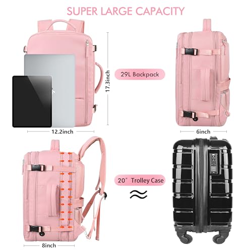 Beraliy Large Travel Backpack for Women, Personal Item Bag Airline Approved, Carry On Luggage, 17 inch Laptop Backpack, Waterproof Backpack, Hiking Backpack, Pink - color: Pink, size: X-Large