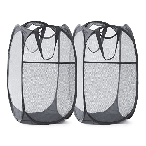 TECHMILLY Collapsible Mesh Pop Up Laundry Hamper with Sturdy Handles and Side Pocket - Portable Foldable Clothes Baskets for Dorm, Bathroom & Travel Storage (Grey, 2 Packs) - color: Gray, size: 2 Pack