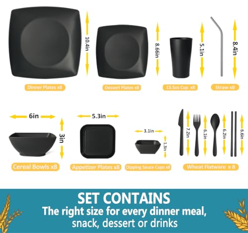 Teivio 88-piece With Flatware Plastic Kitchen Wheat Straw Square Dinnerware Set for 8, Unbreakable Dinner/Salad/Appetizer Plates, Snack Bowls, Dipping Sauce Cups,Tumblers, Dishwasher Safe Dish,Black - color: Black