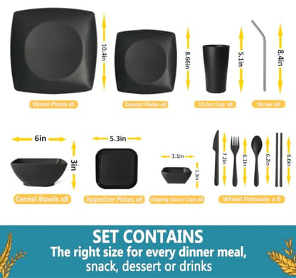 Teivio 88-piece With Flatware Plastic Kitchen Wheat Straw Square Dinnerware Set for 8, Unbreakable Dinner/Salad/Appetizer Plates, Snack Bowls, Dipping Sauce Cups,Tumblers, Dishwasher Safe Dish,Black - color: Black
