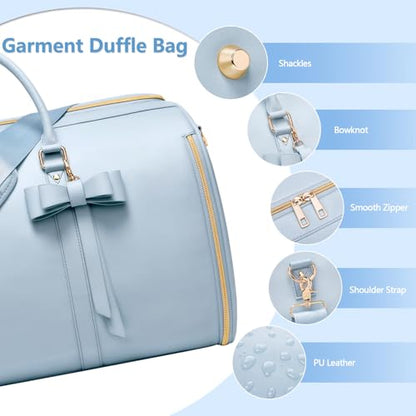 Travel Duffel Bag, Convertible Travel Garment Bag for Women, Fashion & Cute Carry On Duffle Bag w/Shoes Pouch, 2 in 1 Foldable PU Leather Hanging Duffle Bag, Single-Zipper Design, Blue - color: Light Blue