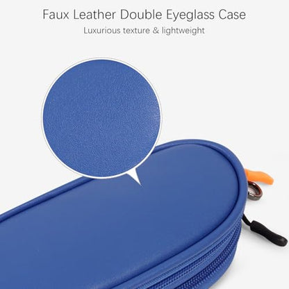 Double Eyeglasses Case Soft Portable Zipper Sunglasses Pouch with Keychain Clip for Men Women - color: Blue Pu