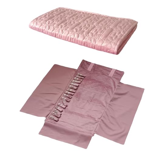 Portable Jewelry Organizers and Storage Travel Holder Necklace Roll - Pink Velvet Embroidery Foldable Case for 16 Necklaces & Chains - color: Pink