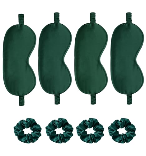 Satin Eye Mask 8Pcs Silk Sleep Masks Silky Blindfold Eyeshade Blackout Eyes Cover Scrunchies Hair Ties Travel Wedding Gifts - color: Evergreen