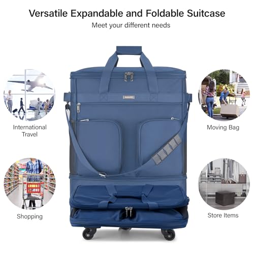 Hanke Expandable Collapsible Luggage with Wheels Suitcase Luggage Rolling Travel Bag Duffel Bag for Men Women Lightweight Suitcase Large Capacity with Spinner Wheel (Blue) - color: Blue Upgrade Version 2