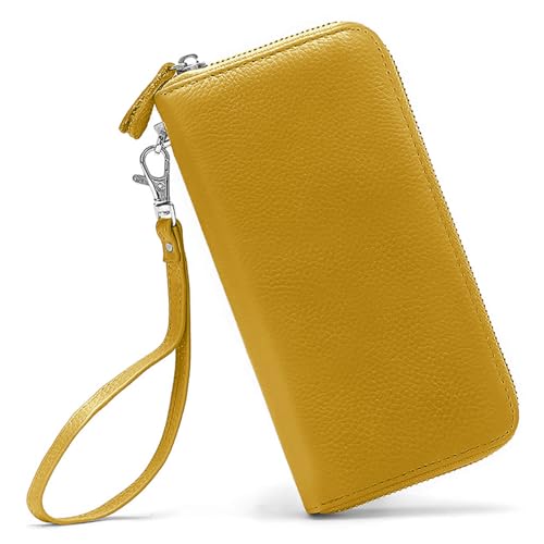 Moflycom Womens Wallet RFID Blocking Genuine Leather Zip Around Wallet Clutch Wristlet Travel Long Purse for Women - color: Yellow