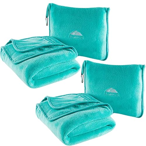 BlueHills 2-Pack Premium Soft Travel Blanket Pillow Airplane Blanket for Two in Soft Bag Pillowcase Compact Pack Large Blankets for Travel (Teal Green T012) - color: Teal-2pk-t012