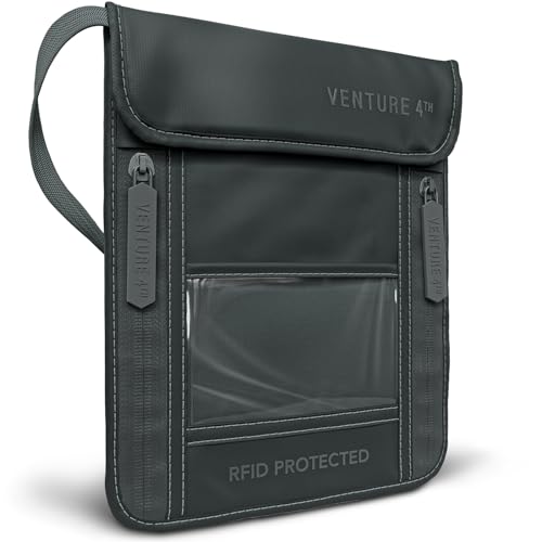 VENTURE 4TH Neck Wallet for Women & Men – RFID Blocking Passport Holder for Travel, Hidden Neck Pouch with 6 Compartments, Slim Lightweight Travel Organizer with Adjustable Strap (Sleek Gray) - color: Sleek Gray