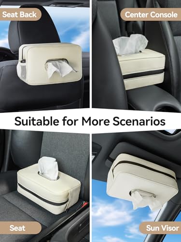 2 Pack Multi-Functional Car Tissue Holder with ‌2 Tuck Nets, Upgraded PU Leather Tissue Box Cover, Large Rectangle Napkin Storage Organizer, Keep Car Tidy, Beige - color: 2pack Beige