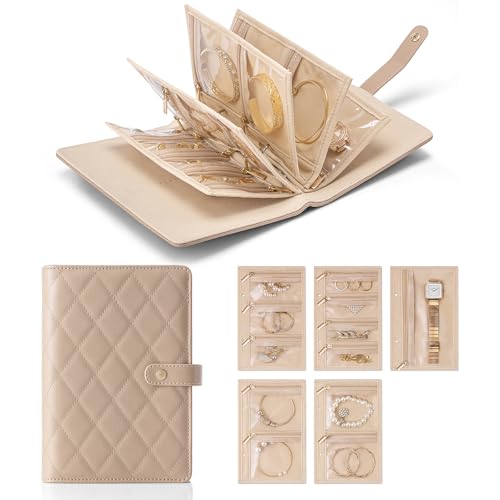 VLANDO Travel Jewelry Organizer Case,Jewelry Storage Book Ring Binder with Clear Zipper Velvet Pouch Bag for Traveling,Rings,Necklace,Earrings,Bracelets,Brooches-Toffee - color: 02.Toffee