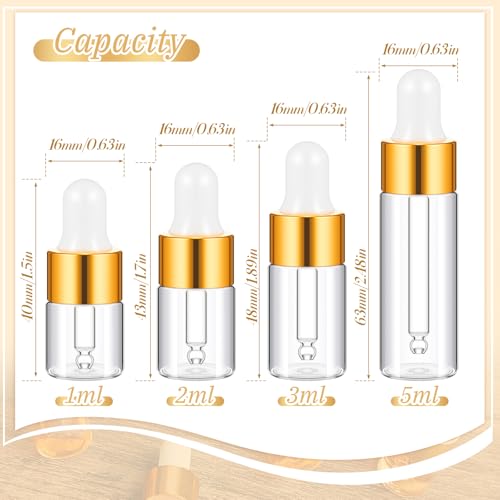 Didaey 20 Pcs Mini Glass Oil Dropper Bottle Bulk, Clear Essential Small Empty Bottles Sample Containers Perfume Liquid Vials with Cap for Traveling (1ml,2ml,3ml,5ml,Champagne Gold) - color: Champagne Gold, size: 1ml, 2ml, 3ml, 5ml