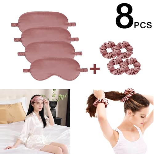 Satin Eye Mask 8Pcs Silk Sleep Masks Silky Blindfold Eyeshade Blackout Eyes Cover Scrunchies Hair Ties Travel Wedding Gifts - color: Sandalwood