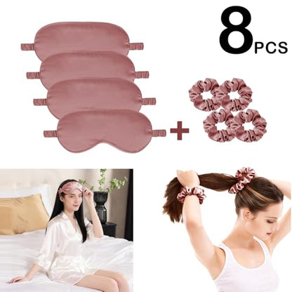 Satin Eye Mask 8Pcs Silk Sleep Masks Silky Blindfold Eyeshade Blackout Eyes Cover Scrunchies Hair Ties Travel Wedding Gifts - color: Sandalwood