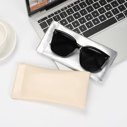 Sightor Sunglass Case, 2 Pcs Soft Eyeglass Cases for Women Portable Squeeze Top Leather Glasses Pouch - color: Beige, Sliver