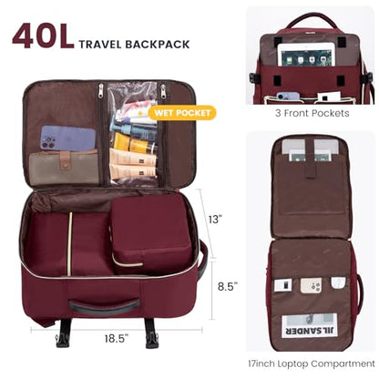 LOVEVOOK 40L Large Travel Backpack for Women, Flight Approved, Waterproof, TSA Compliant, Fits 17.3'' Laptop, 17 Pockets, 3 Packing Cubes - color: Claret-black-dark, size: 40L-17.3 Inch-4Pcs