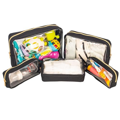 Remobia Hicol TSA Approved 5-Piece Diaper Bag Organizer Pouch Set Clear Waterproof TPU Kids Toiletry Storage Set Travel Packing Clutch Cube Bags for Baby Nursing(Black) - color: Black