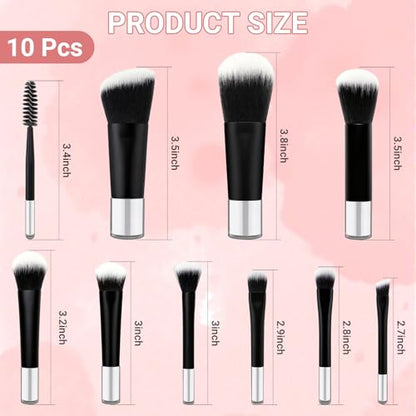10 Pcs Mini Travel Makeup Brush Set with Pouch, Foundation, Eyeshadow, Blush, Highlighter, Angled Brow & Mascara Brushes - Soft Synthetic Fiber Brushes for On-The-Go & Daily Makeup (Black) - color: Black