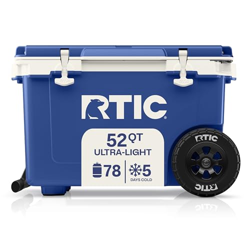 RTIC 52 Quart Ultra-Light Wheeled Hard Cooler Insulated Portable Ice Chest Box for Beach, Drink, Beverage, Camping, Picnic, Fishing, Boat, Barbecue, 30% Lighter Than Rotomolded Coolers - color: Cobalt & White