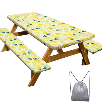 Picnic Table Cover with Bench Covers 6FT 3 Pcs Waterproof Windproof Aesthetic Camping Tablecloth with Drawstring Bag, Fitted for 6 Foot Rectangle Tables and Seats, 72 inch, Yellow Lemon - color: Yellow Lemon