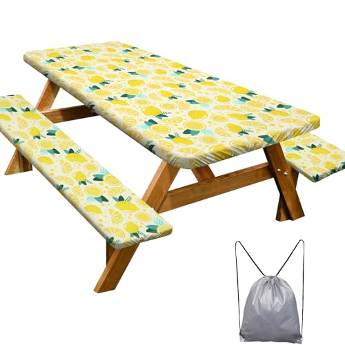 Picnic Table Cover with Bench Covers 6FT 3 Pcs Waterproof Windproof Aesthetic Camping Tablecloth with Drawstring Bag, Fitted for 6 Foot Rectangle Tables and Seats, 72 inch, Yellow Lemon - color: Yellow Lemon