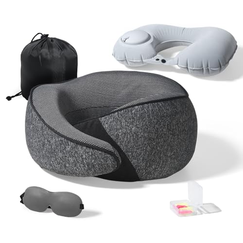 Cozi Travel Pillow for Airplane,100% Pure Memory Foam Airplane Pillow with Inflatable Adjustable Neck Pillow for Women Men Traveling Sleeping Long Flight Portable Plane Accessories Deep Gray - color: Dark Gray